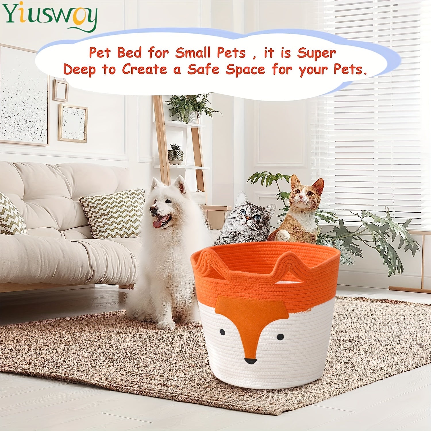 Katta to'qilgan ipdan yasalgan kir yuvish savati, multfilm tulkisi yuziga ega, o'yinchoqlar, kiyimlar va uy hayvonlari uchun kerakli buyumlarni saqlash uchun ideal, to'q sariq va oq ranglarda.