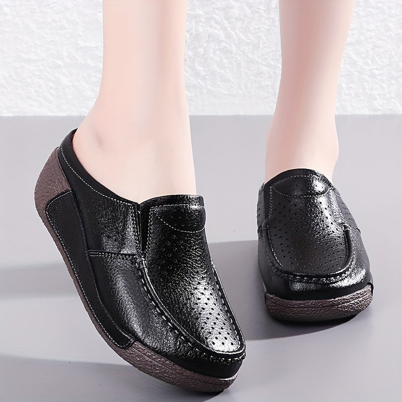 Women's Slip-On Loafers Summer Hollow-Out Round Toe Soft Non-Slip Comfort Leather