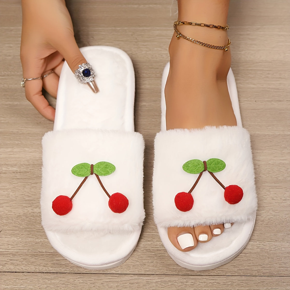 Women's Cherry and Green Leaf Slip-On Slippers, Soft EVA Sole, Indoor Outdoor