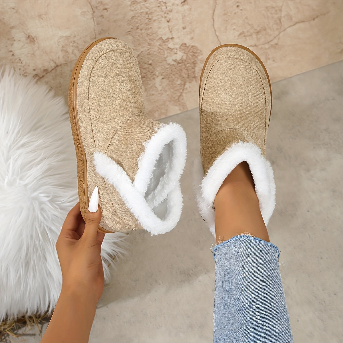 Women's Winter Plush Lined Slip-On Ankle Boots with Rubber Sole