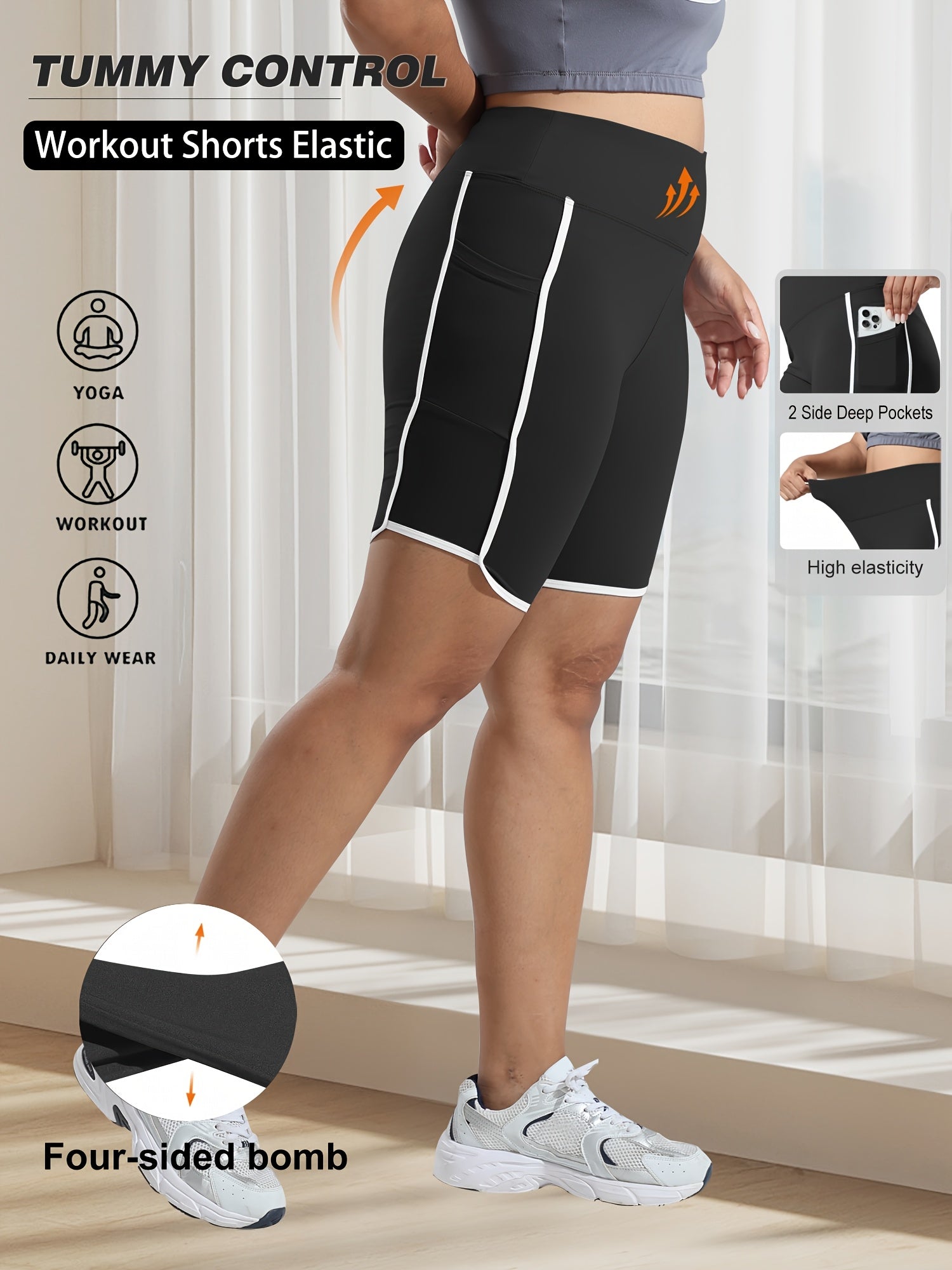 Plus Size High-Waisted Gym Shorts with Tummy Control Side Pockets White