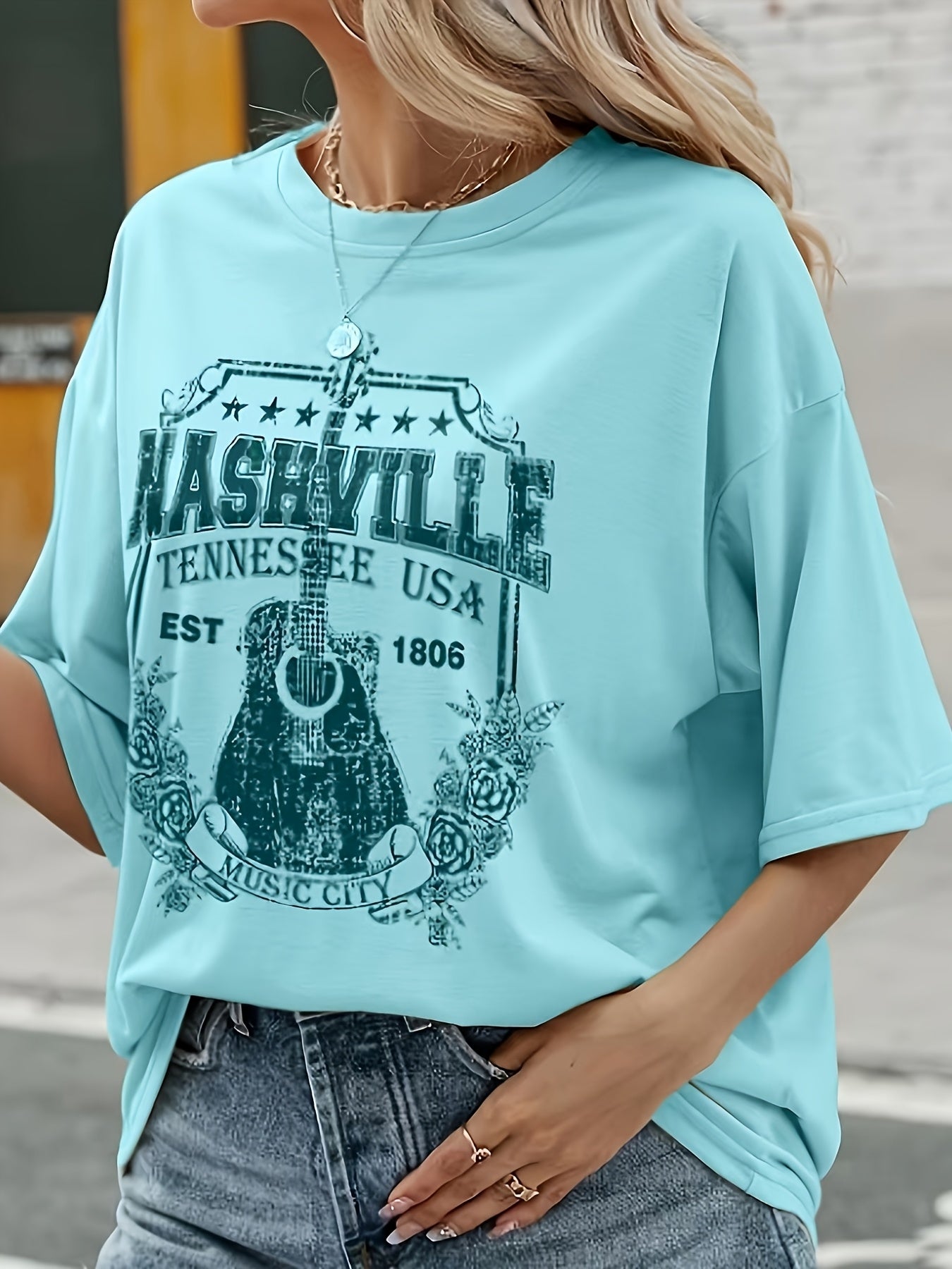 Women's Plus Size Light Blue Vintage Western Graphic T-Shirt Casual Music Top