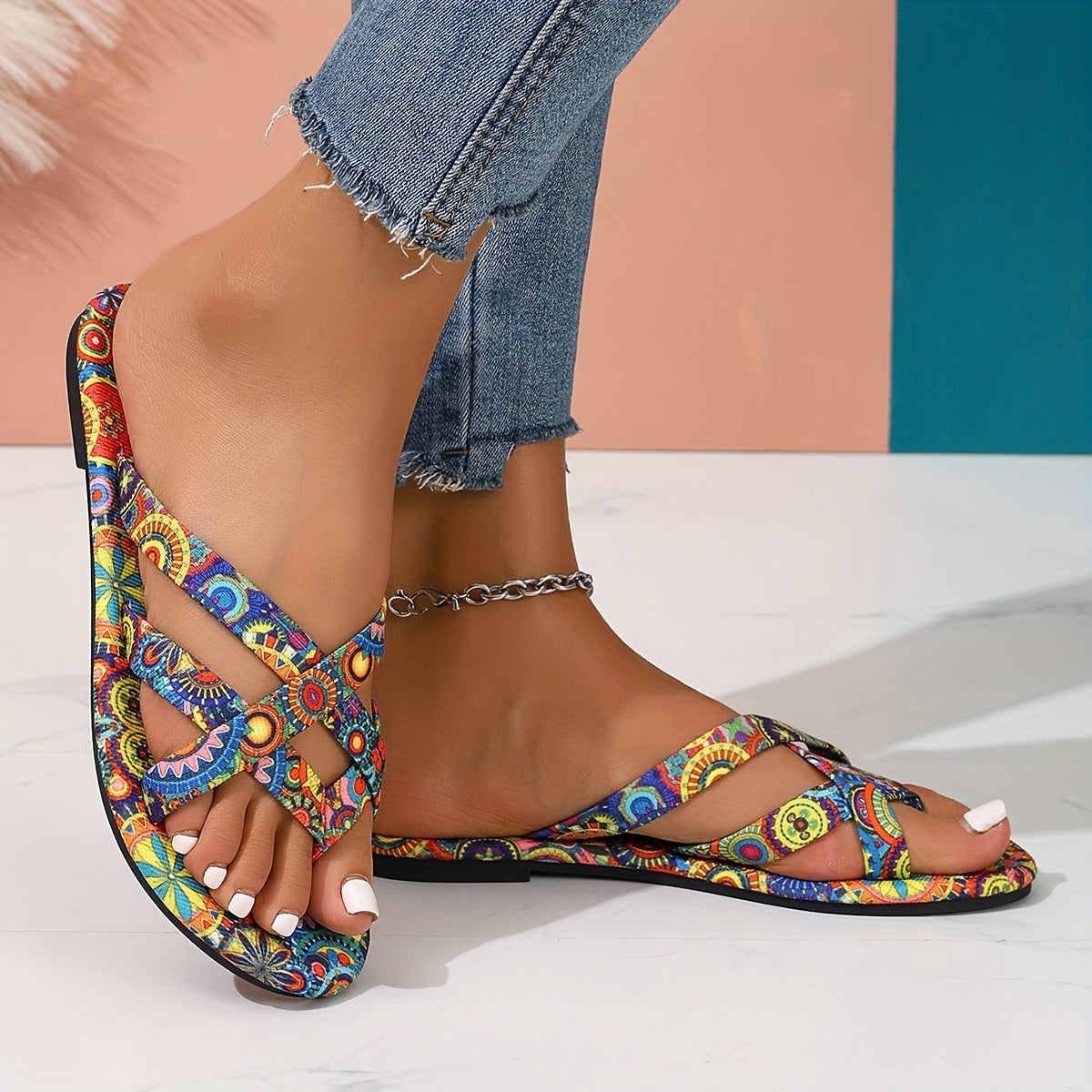 Plus Size Women's Bohemian Geometric Print Slip-On Sandals Open-Toe Summer Shoes