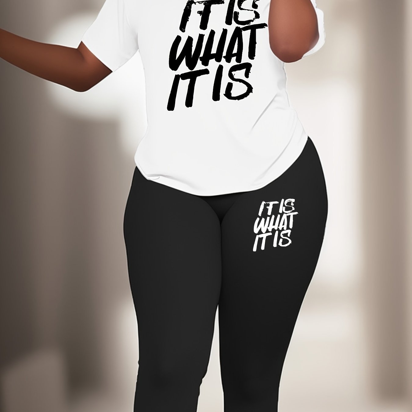 Plus Size Slogan Print Sports Set with Medium Stretch Polyester Knit Fabric