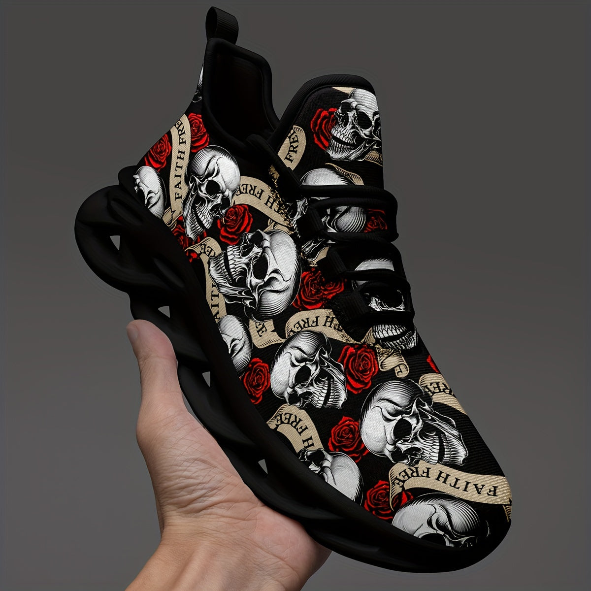Plus Size Men's Sneakers with Rose and Skull Pattern Lace-Up Non-Slip Shock Absorbing Sole