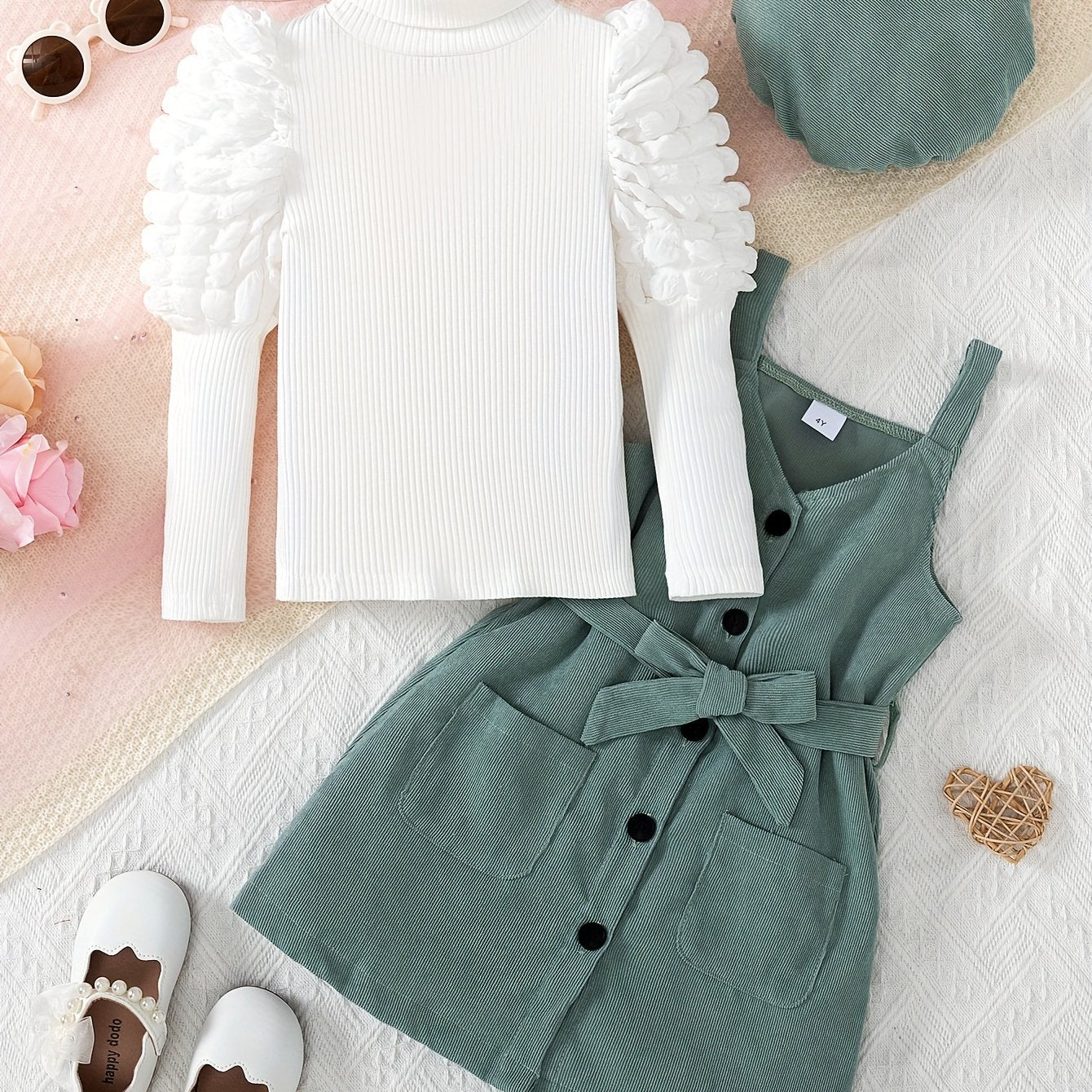 Kuz/qish uchun zamonaviy 4 qismli qizlar kiyim to'plami: bo'yinli ko'ylak, kurtka, suspendorli ko'ylak va kamar.