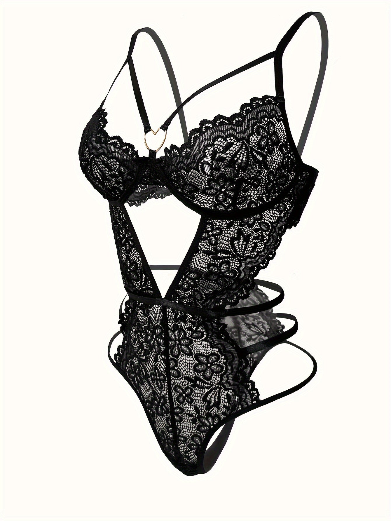 Women's Floral Lace Teddy with Heart Cut-Out and Linked Back