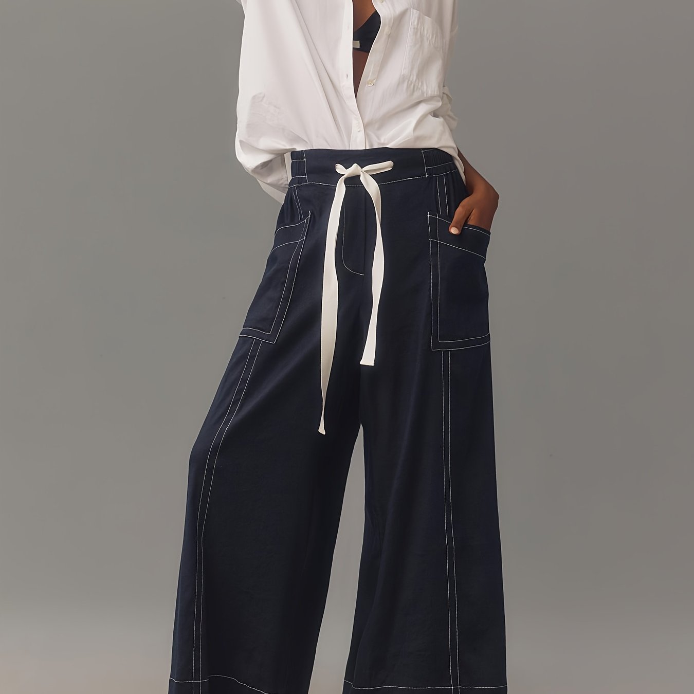 Women Plus Size Wide Leg Pants with Drawstring Elastic Waist Beige