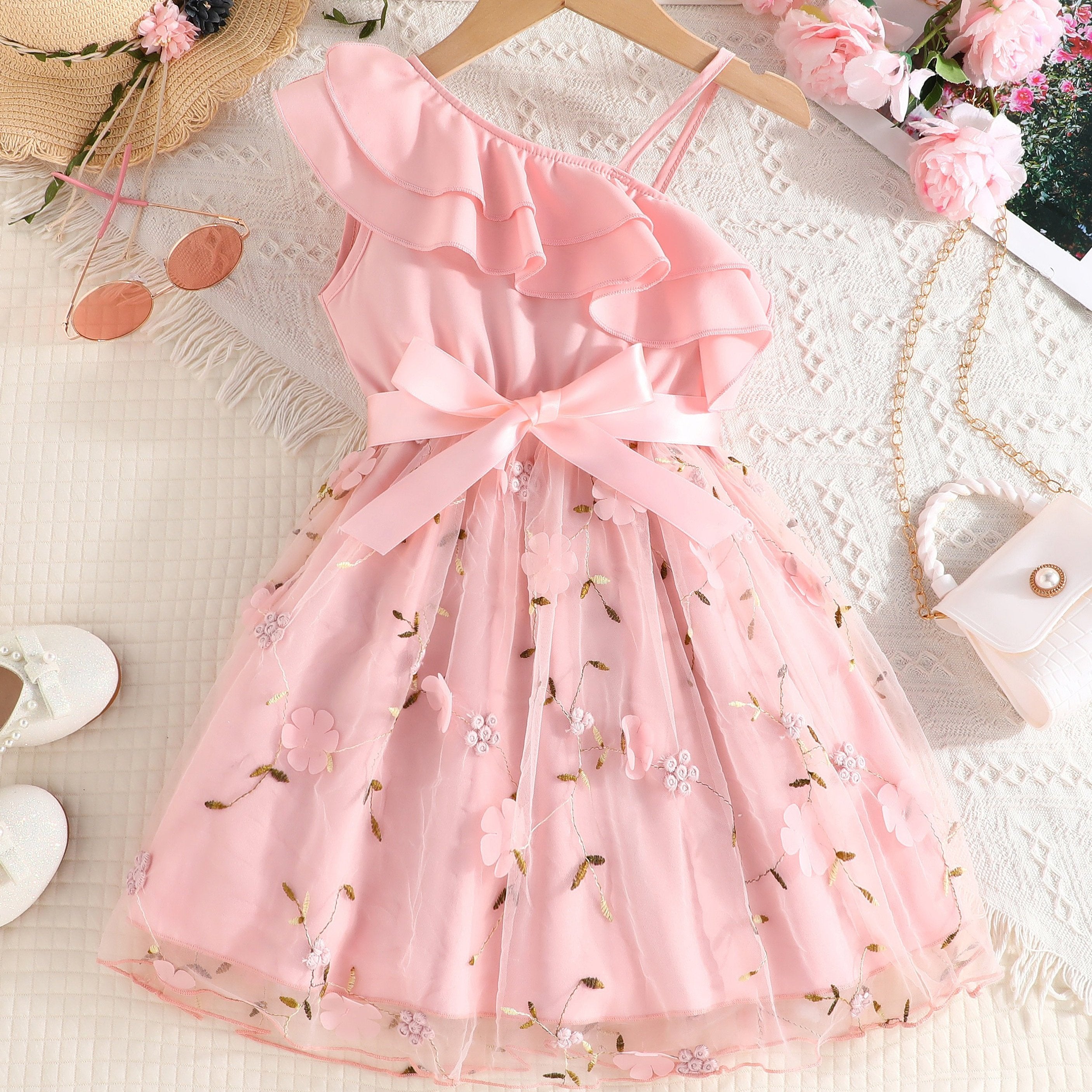 Girls' Floral Cami Tutu Dress with Ruffle Trim for Summer Parties and Holidays