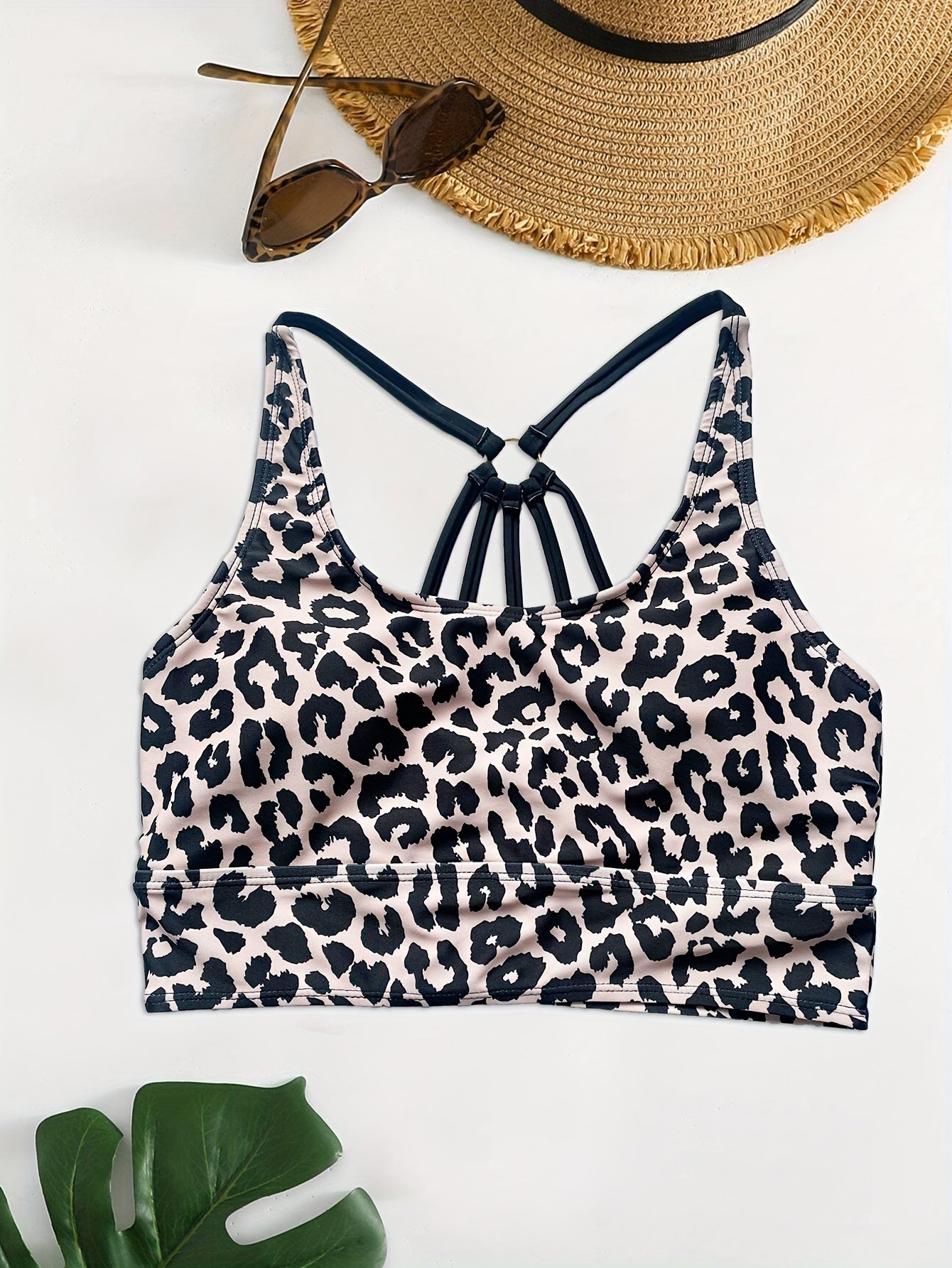Leopard Print Swim Top with Ring-Linked Back High Stretch Slim Fit Beachwear