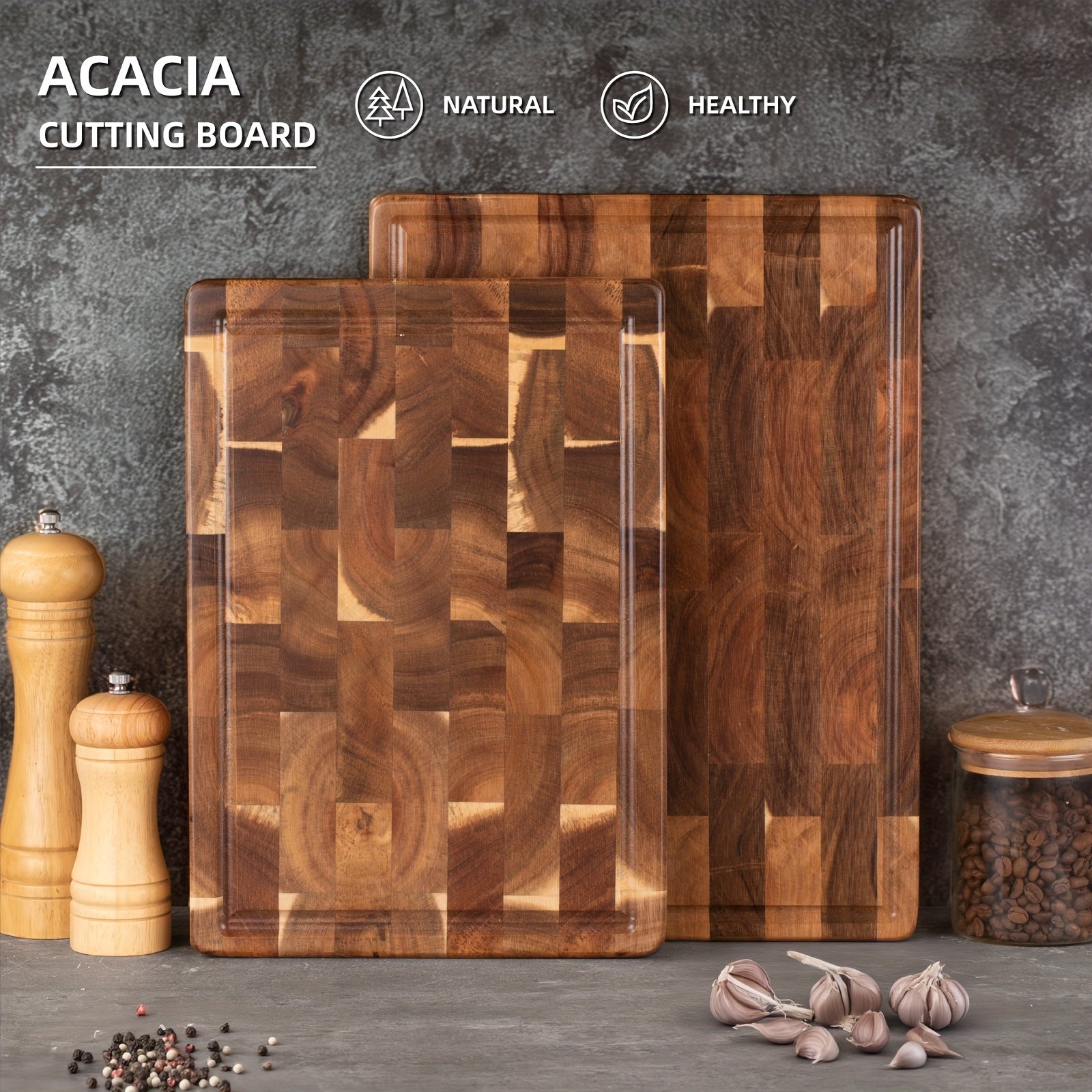 Acacia Wood Chopping Block with End Grain Cutting Surface Kitchen Prep Tool
