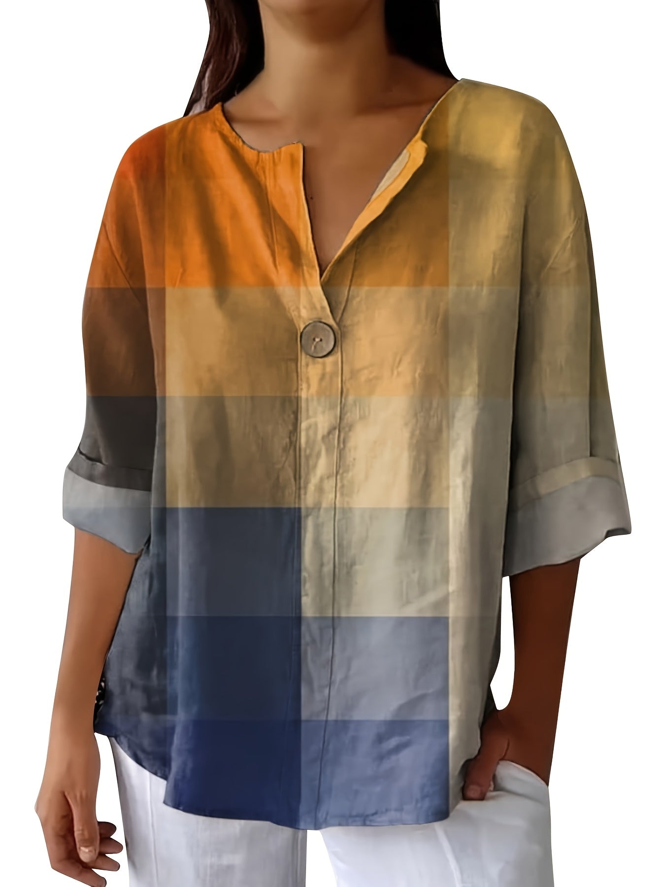 Women's Plus Size Patchwork Blouse With Decorative Buttons