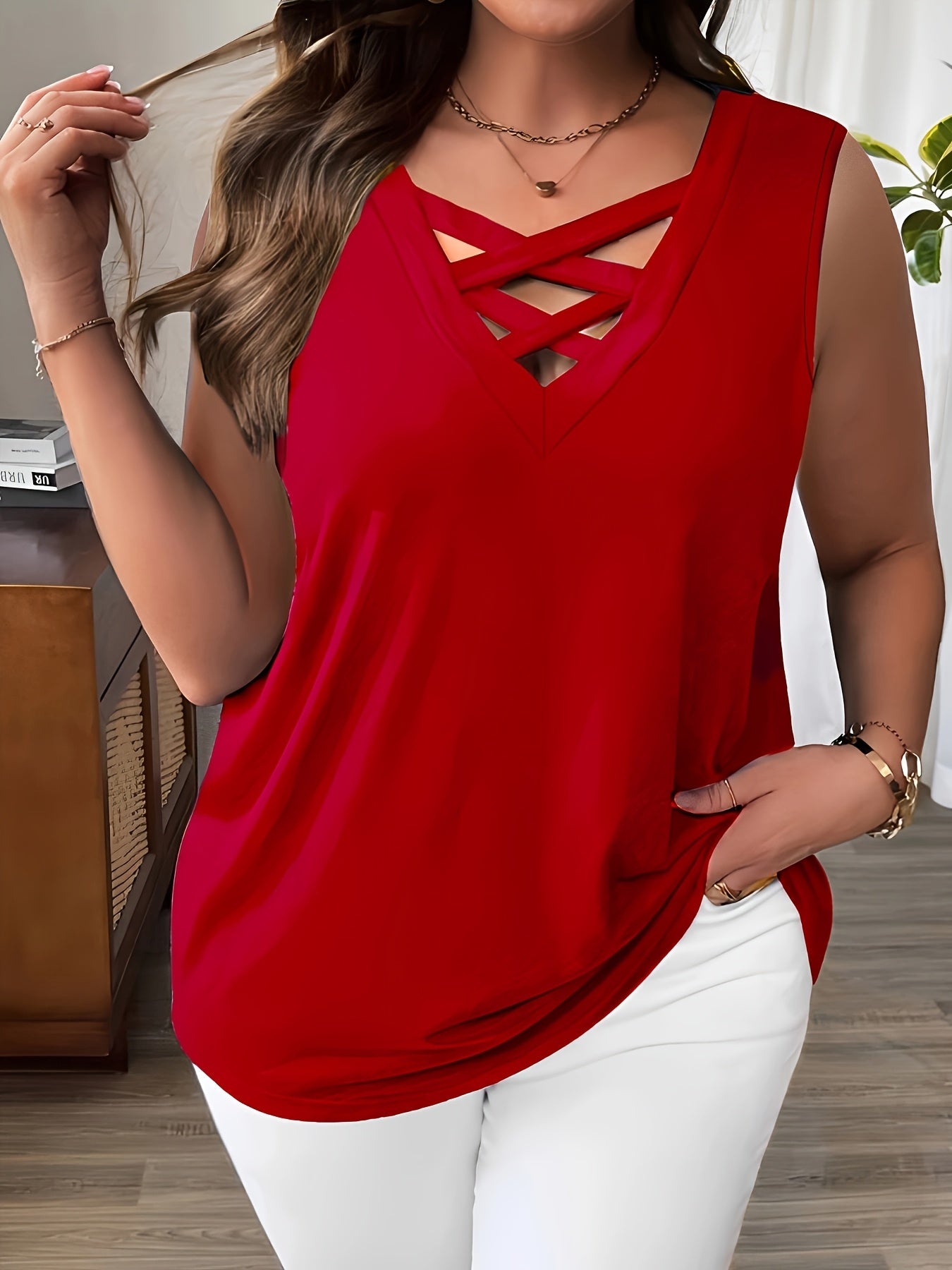 Women's Solid Color Sleeveless V-Neck Tank Top Stretchy Polyester Casual Spring Summer