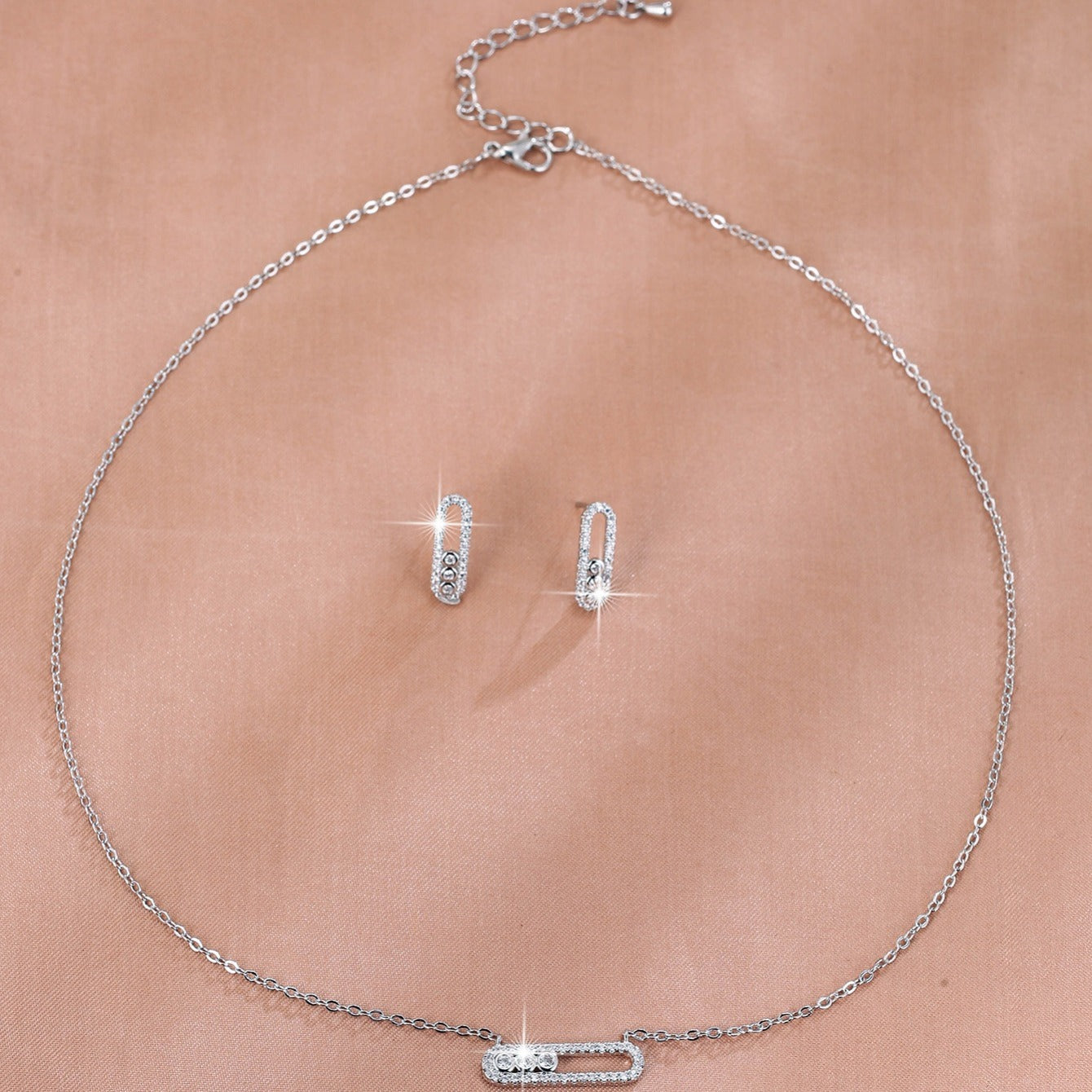 Sparkling Zirconia Jewelry Set Pendant Necklace and Dangle Earrings Paperclip Design for Valentine's Day