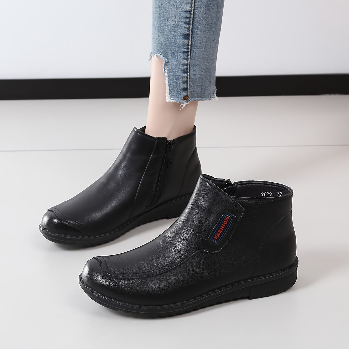 Women's Comfortable Flat Ankle Boots Soft PU Side Zipper All-Season