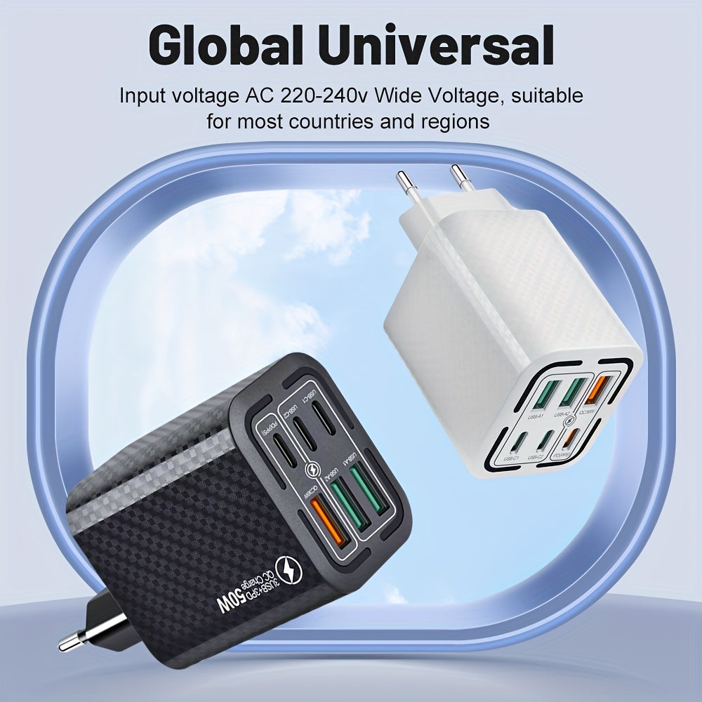 50W 6-Port USB C Charger Fast Charging Multi-Device Power Adapter for iPhone and Samsung
