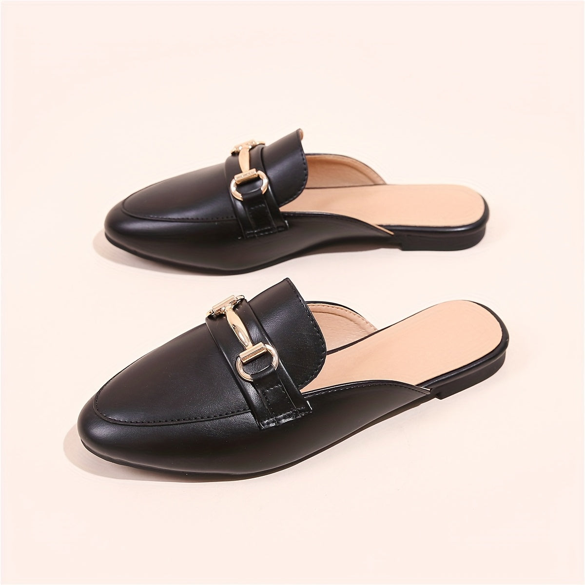 Women's Faux Leather Loafers with Metallic Accents Black Casual Flats