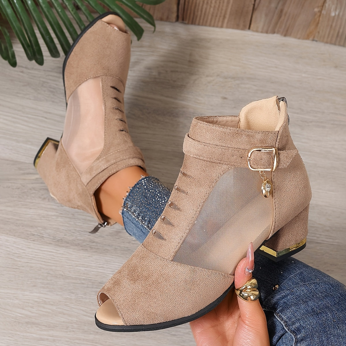 Black Mesh Ankle Boots with Chunky Heel and Zipper for All Seasons