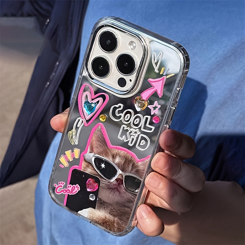 Funda para teléfono con gafas de gato y espejo de diamantes, rhinestone, TPU para niñas