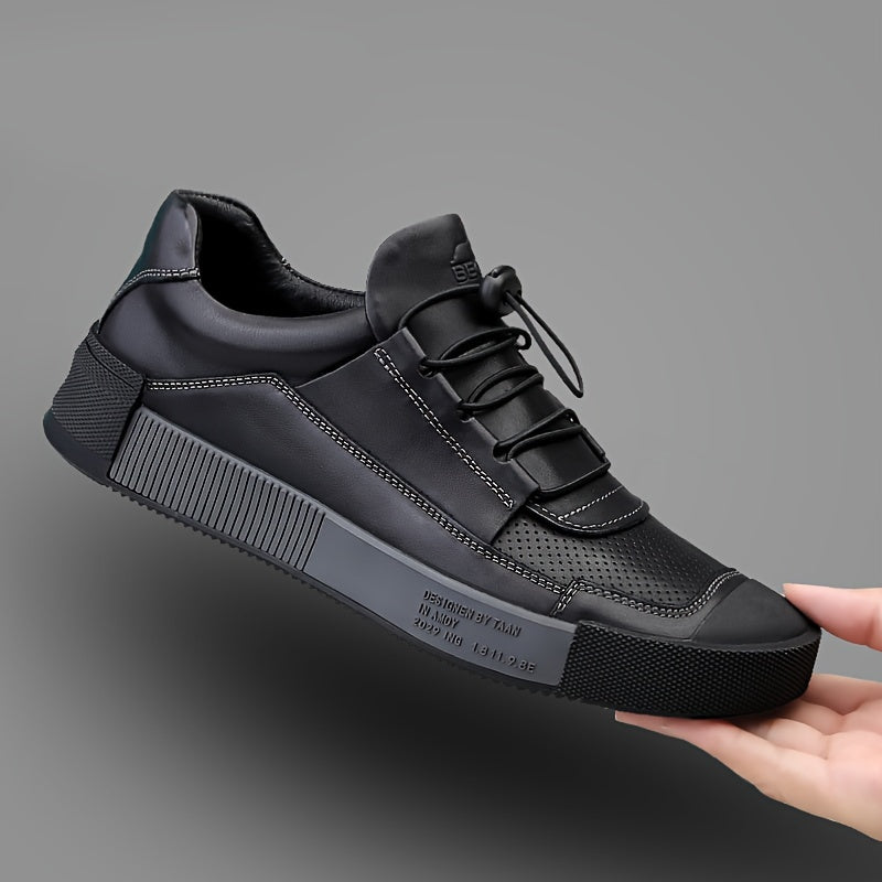 Men's Leather Sneakers with Striped Lace-Up Design, Rubber Sole, Breathable Fabric Inner