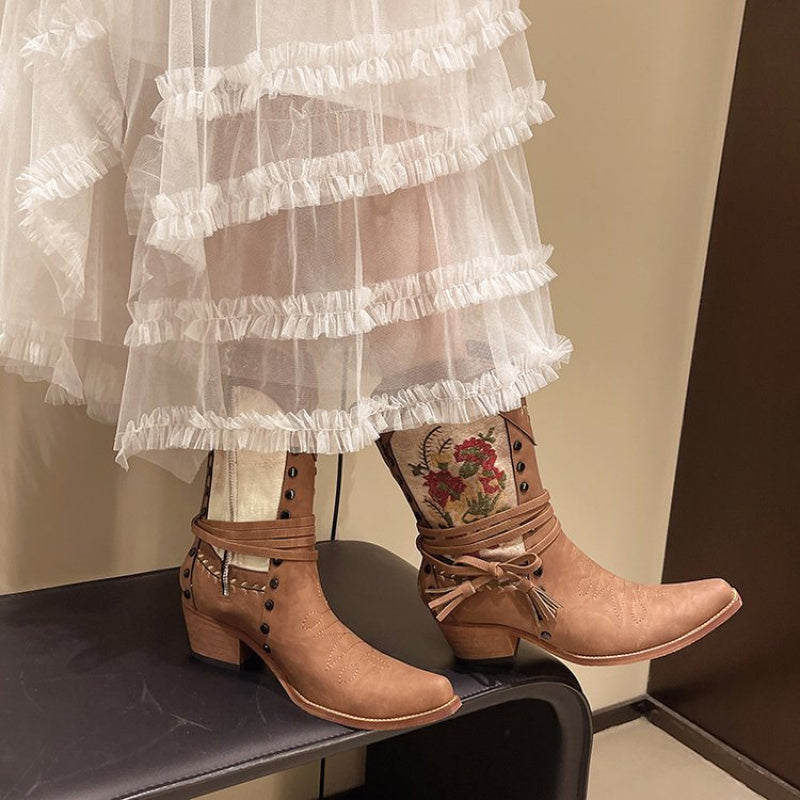 Women’s Ankle Boots Faux Leather Floral Embroidery Pointed Toe Mid-Heel All-Season