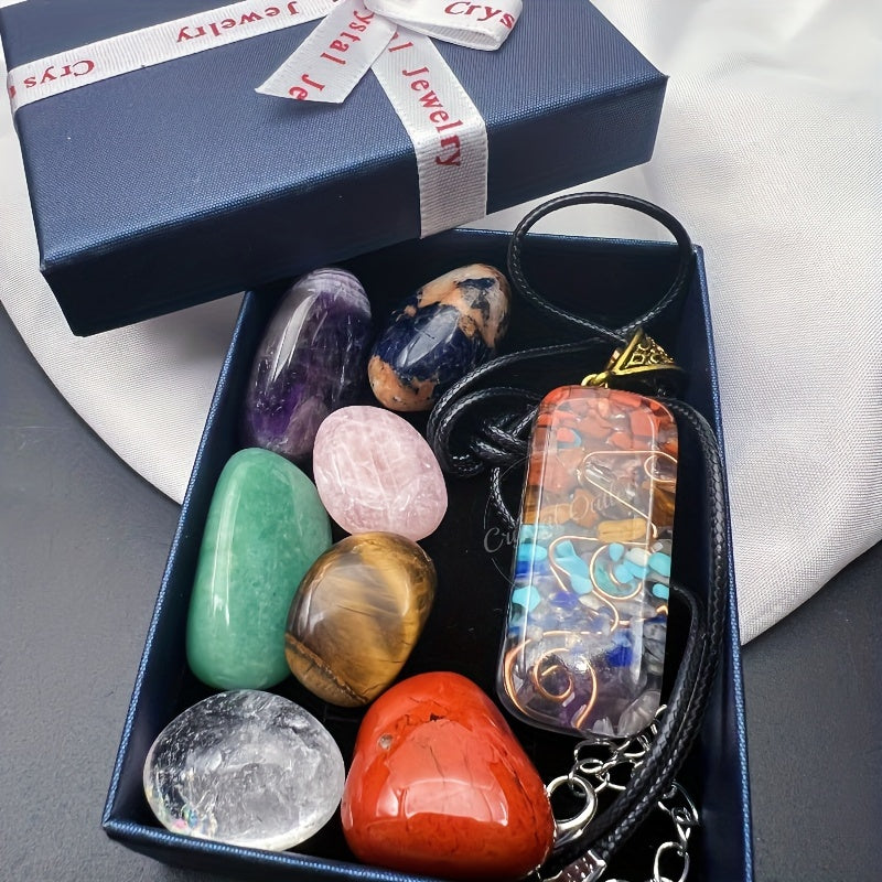 Set of 8 Natural Stone Pendants with Necklace Gift Box for Men and Women
