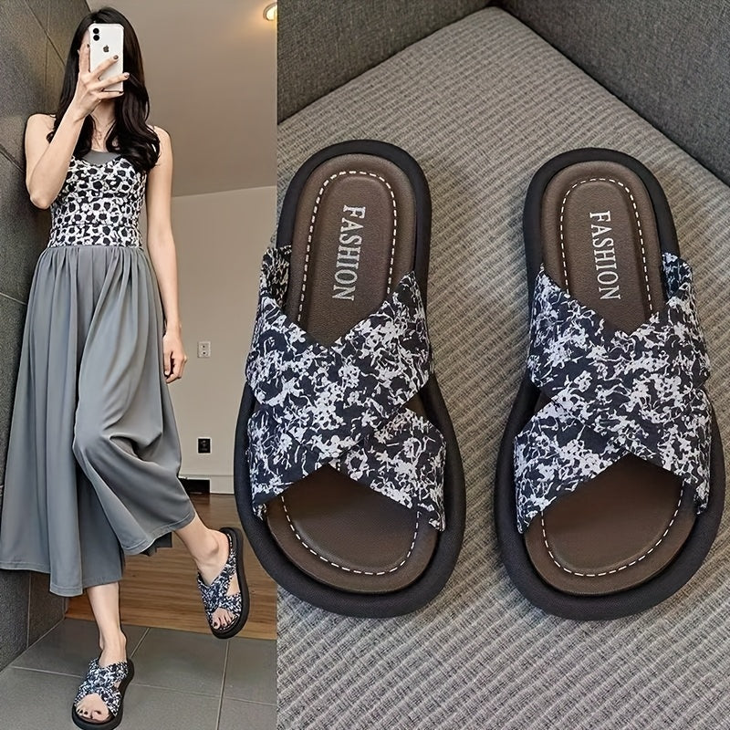 Women's Floral Print Slip-On Sandals Black White Flats All-Season EVA