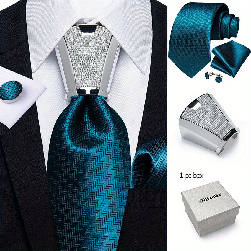 Men's Business Accessory Set with Silver Ring Cufflinks and Handkerchief