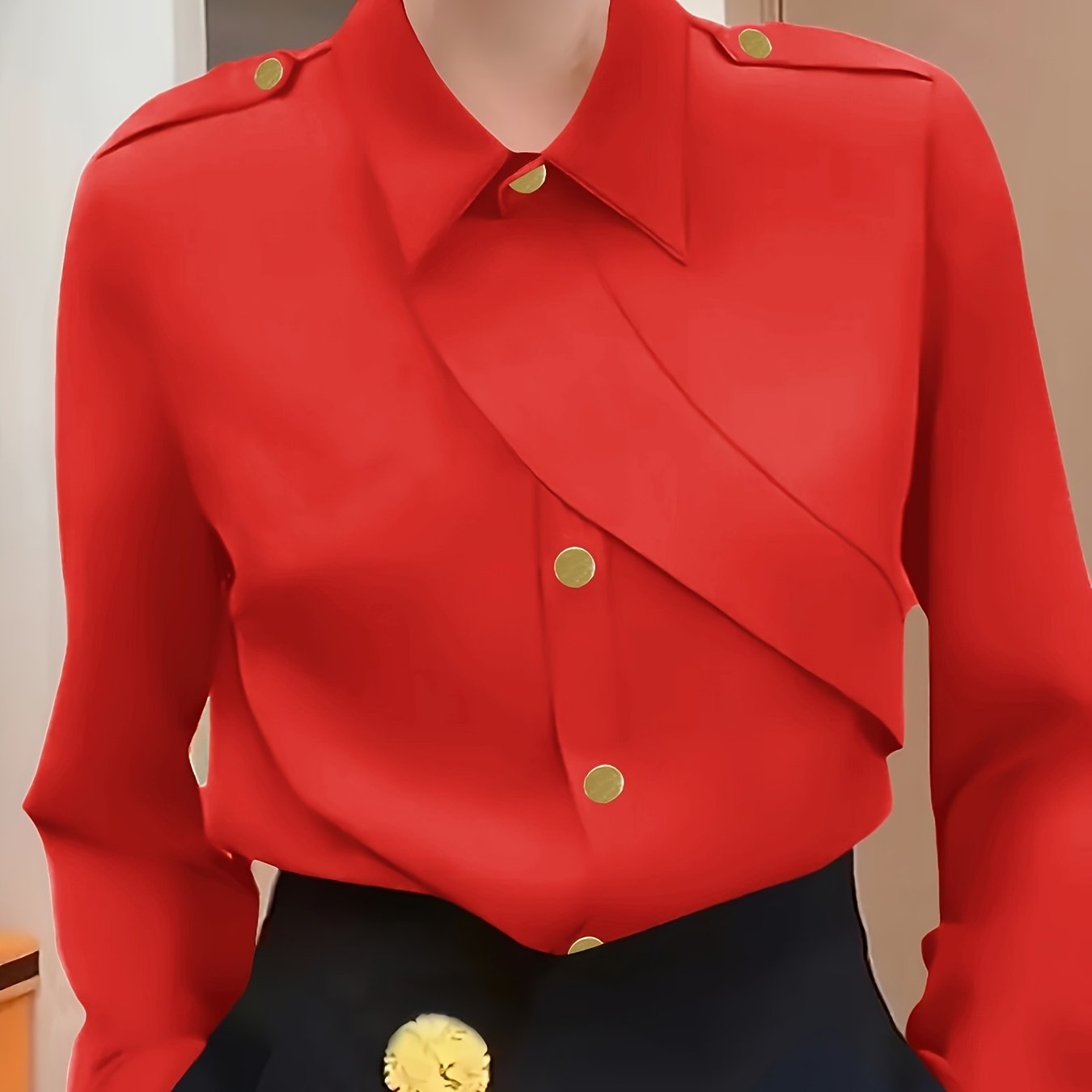 Women's Polyester Casual Button-Up Shirt with Lapel Collar Solid Color All-Season Blouse