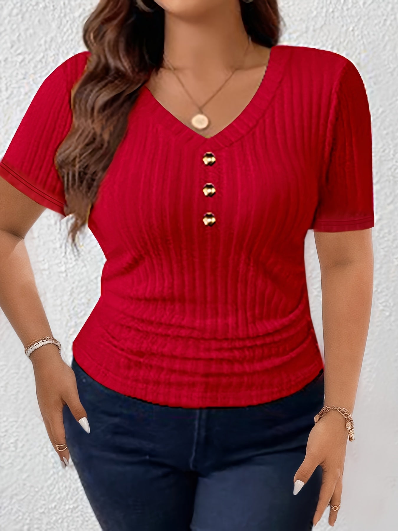 Women's Short Sleeve V-Neck T-Shirt with Gold Button Front Solid Color