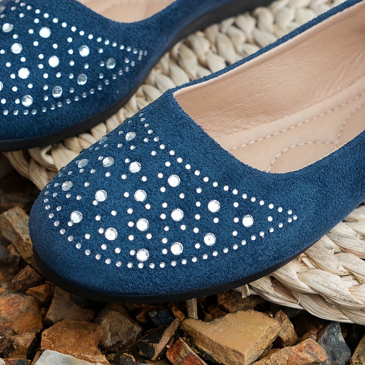 Women's Navy Blue Velvet Flats with Rhinestones for Casual Walking