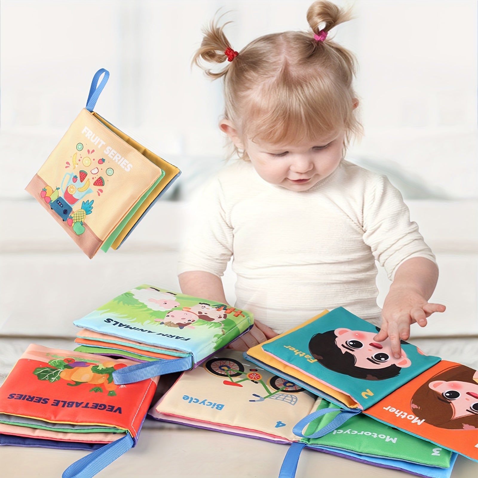 8 ta yirtilishga chidamli va chaynash mumkin bo'lgan chaqaloq mato kitoblari to'plami erta ta'lim kognitiv faoliyatlari uchun.