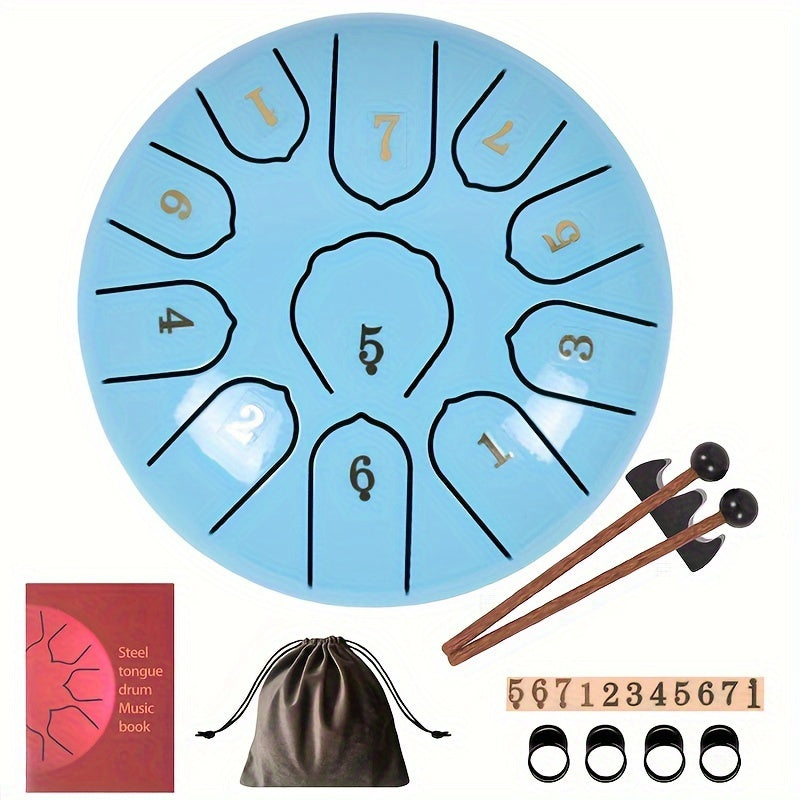 6-Inch 11-Tone Steel Tongue Drum Kit with Bag Mallets Music Book for Meditation Yoga Camping