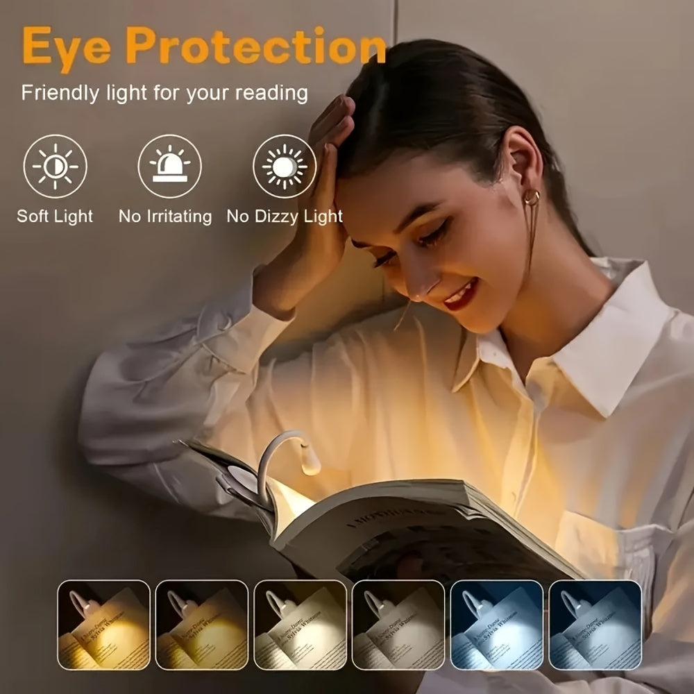 LED klip o'qish chirog'i, 3 rang, 3 yorqinlik darajasi, USB zaryadlash, sozlanadigan quloq, uzoq muddatli batareya - tun o'qish uchun mukammal, stol chirog'i.