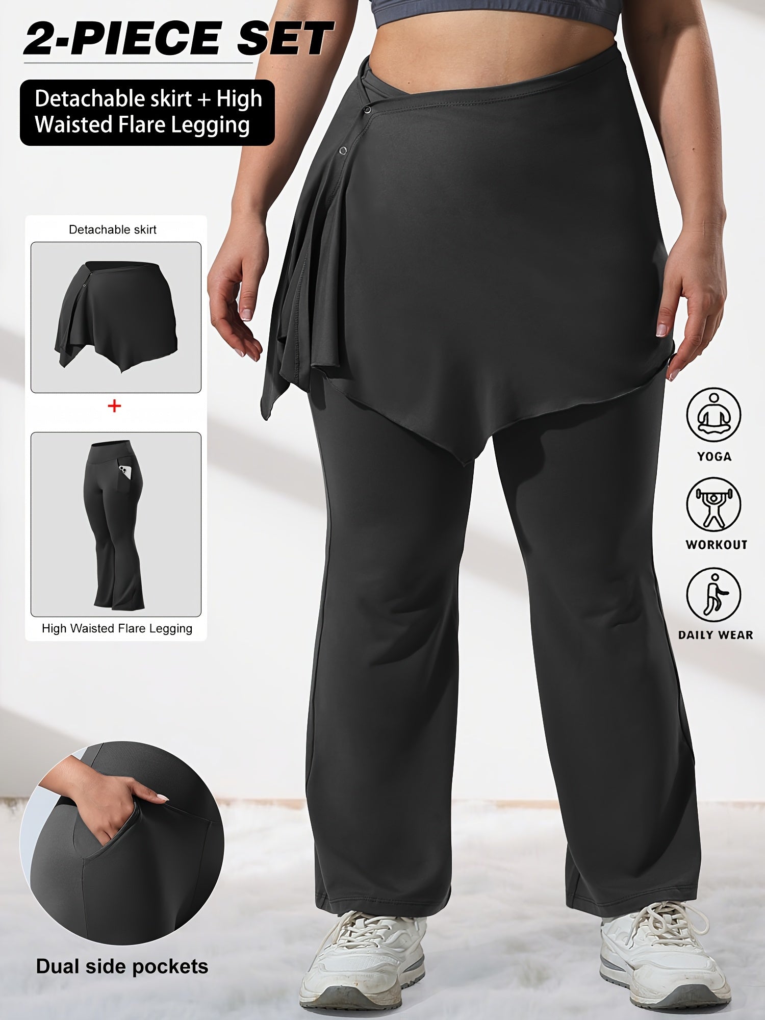 Conjunto de 2 piezas para mujer: pantalones acampanados y falda irregular para primavera, deportes y yoga