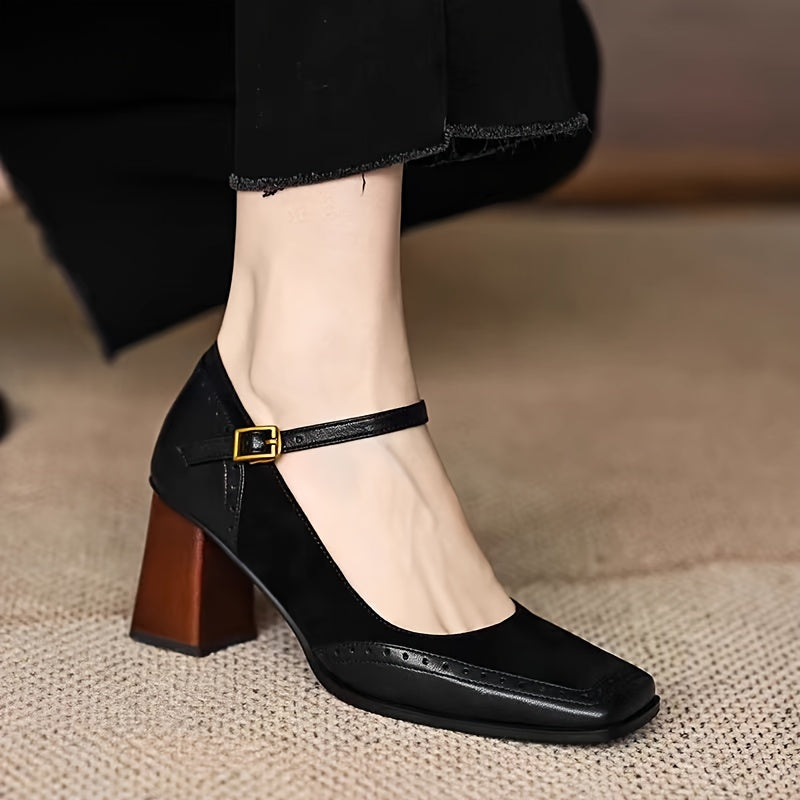 Women's Black Vintage Square Toe Pumps with Ankle Strap and Chunky Heels