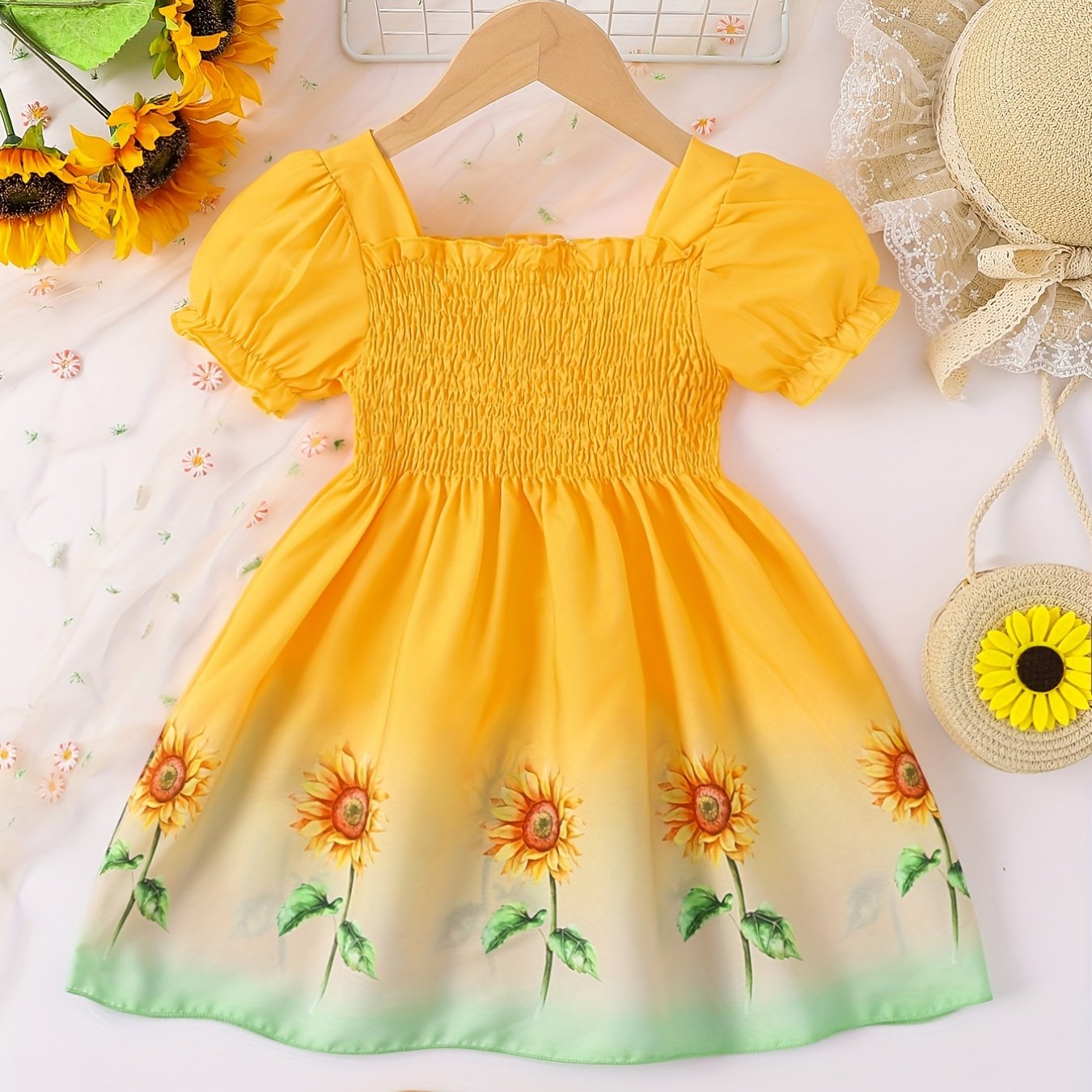 Girls Summer Ombre Sunflower Pattern Princess Dress for Kids Casual 4th of July