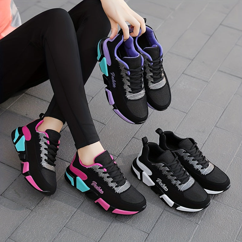 Women's Colorblock Mesh Sports Shoes Low Top Running Sneakers Breathable Casual Lace-Up