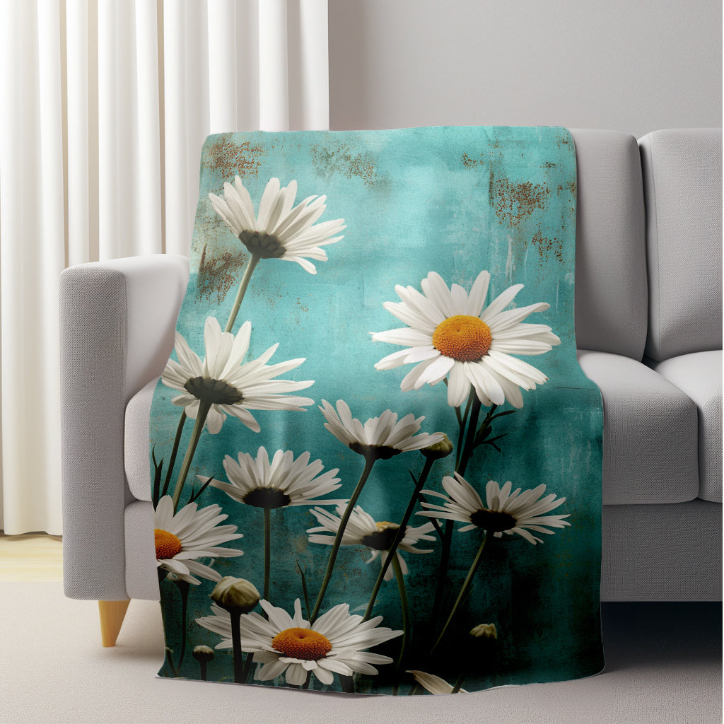 Flannel Fleece Throw Blanket White Daisy Floral Lightweight All-Season Knitted Polyester