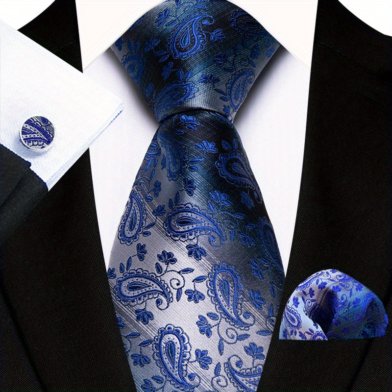 Men's Floral Plaid Necktie and Handkerchief Clip Set for Business and Weddings