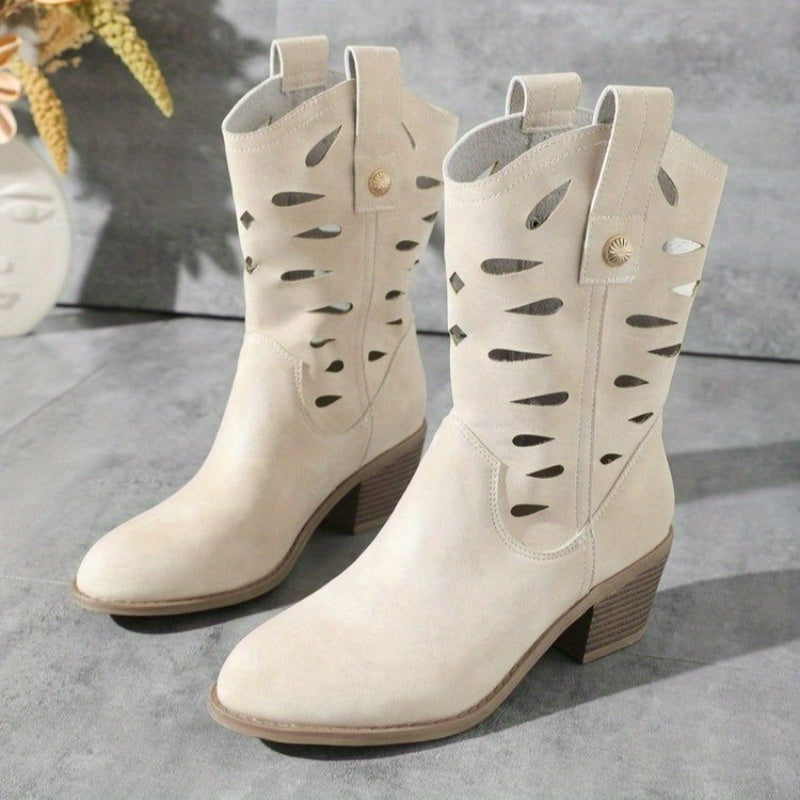Women's Chunky Mid-Calf Boots Leather Stylish Comfortable Winter Shoes