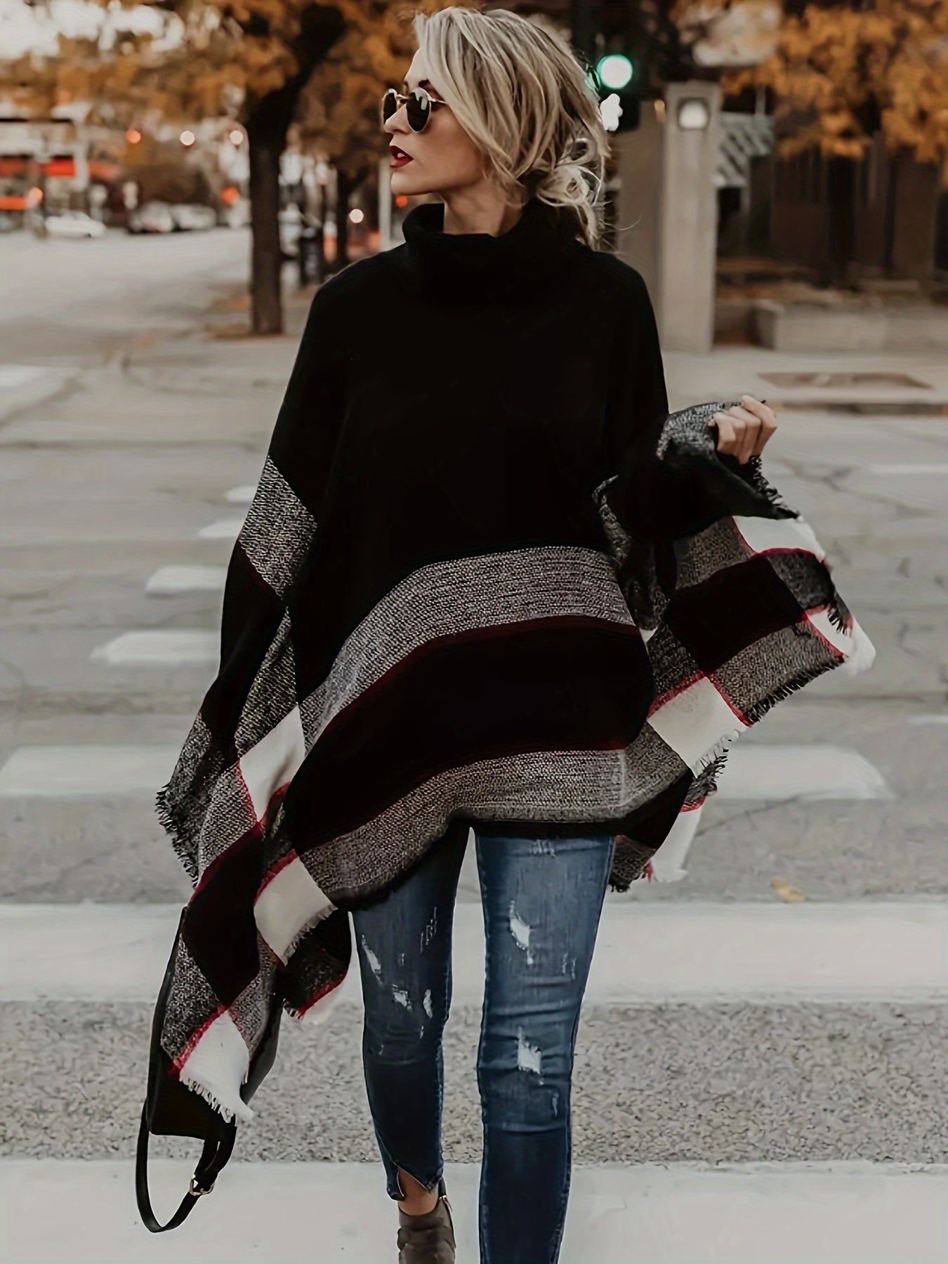 Plus Size Women's Acrylic Plaid Oversized Batwing Sweater Coat Autumn Winter Casual Layering