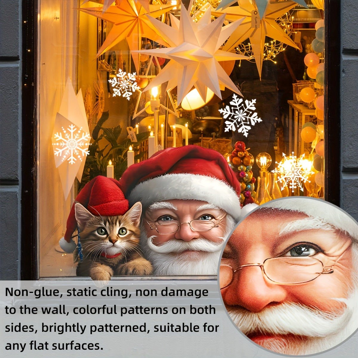 Santa Claus and Cat Christmas Glass Sticker Double-Sided Static Cling Holiday Decor