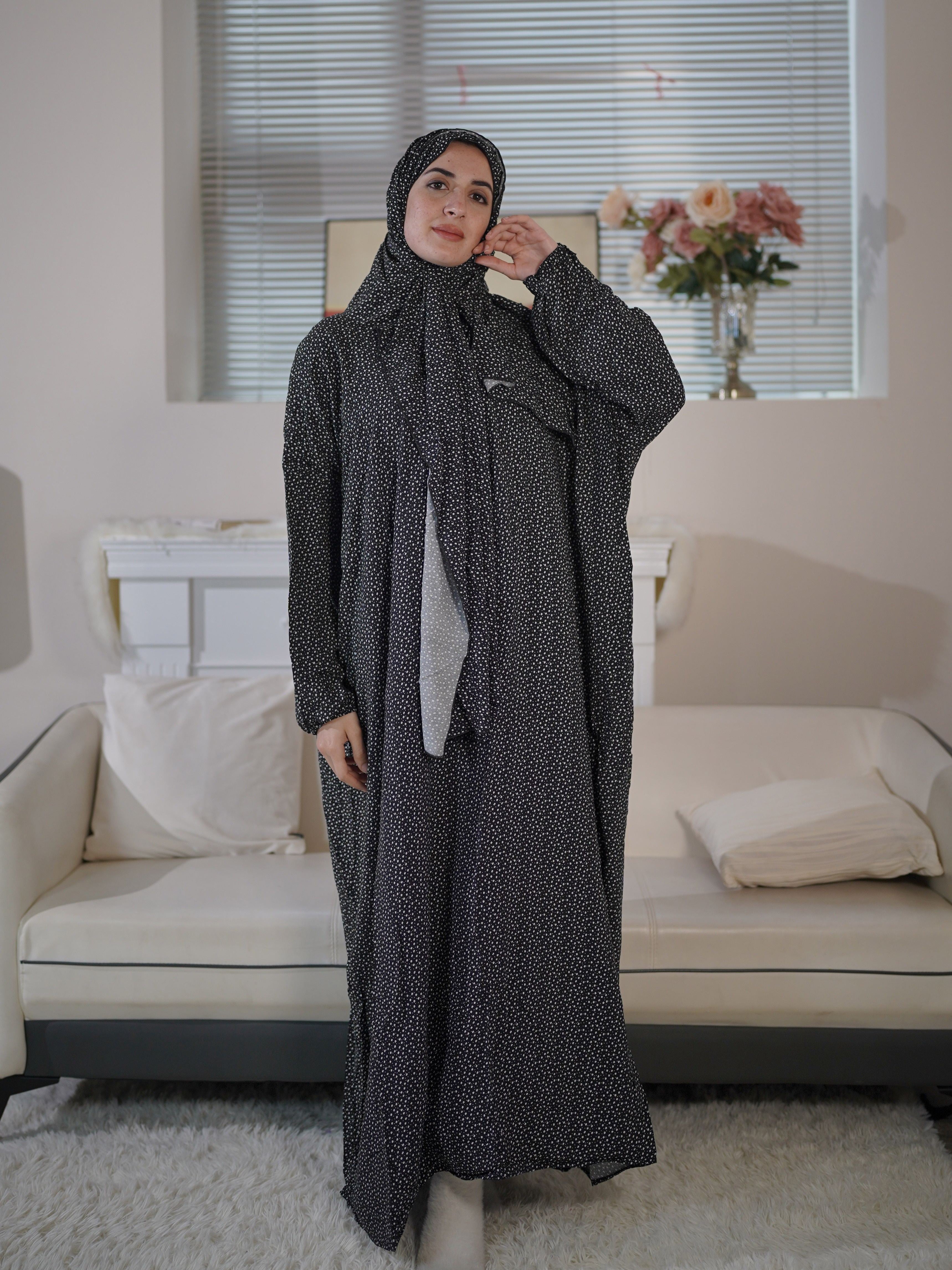 Plus Size Floral Print Modest Dress with Hijab Rayon Machine Washable