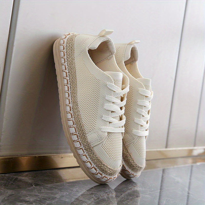 Women's Canvas Sneakers Beige Round Toe Lace-Up All-Season Comfort