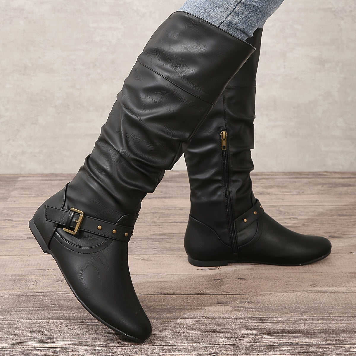 Women's Pleated Leather Knee High Western Boots with Buckle Strap