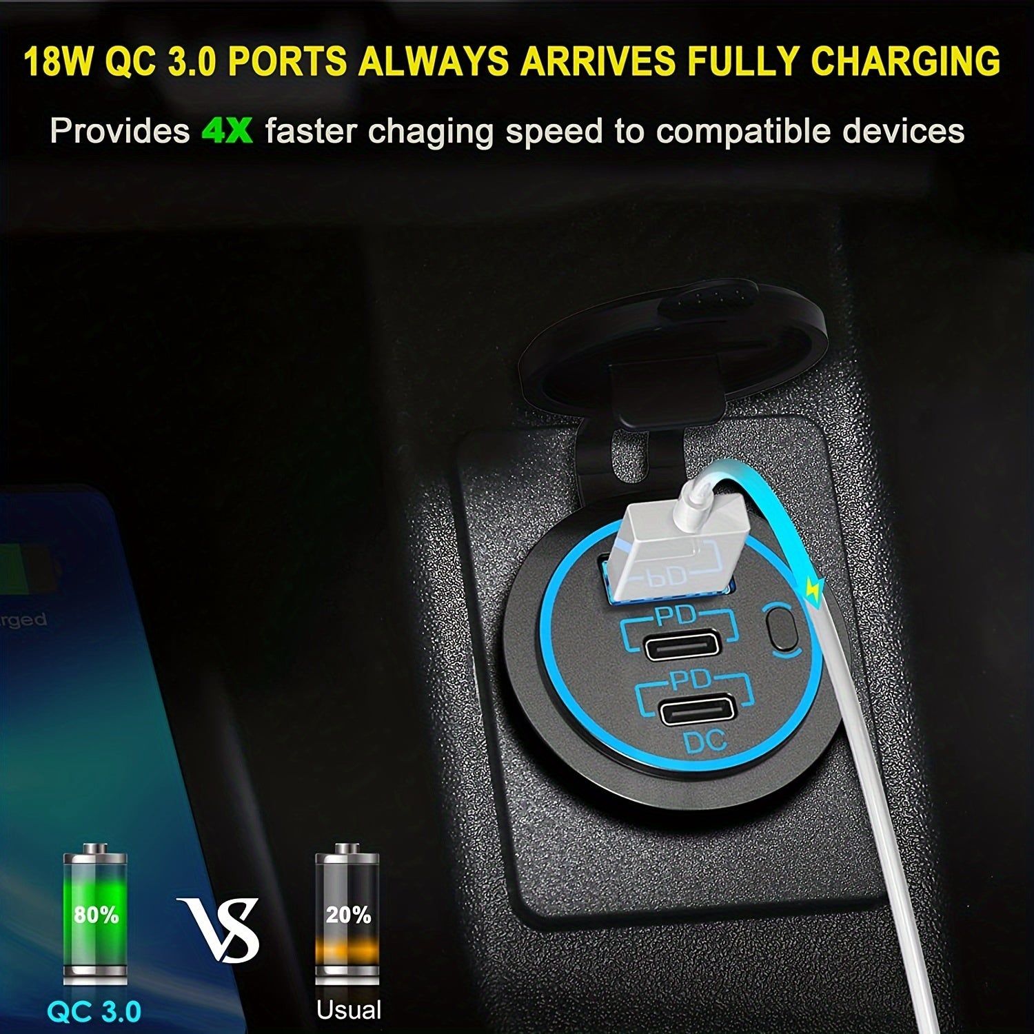 3-Port Car Charger Socket ABS Material 30W PD3.0 18W QC 3.0 for Vehicles