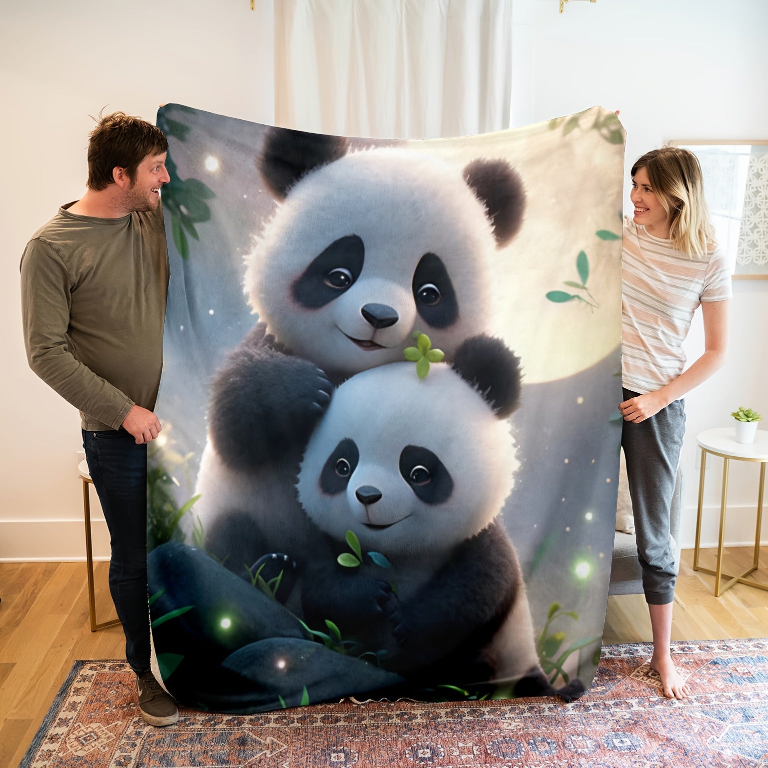 Cozy Panda Print Flannel Throw Blanket for Couch Bed Camping Blue
