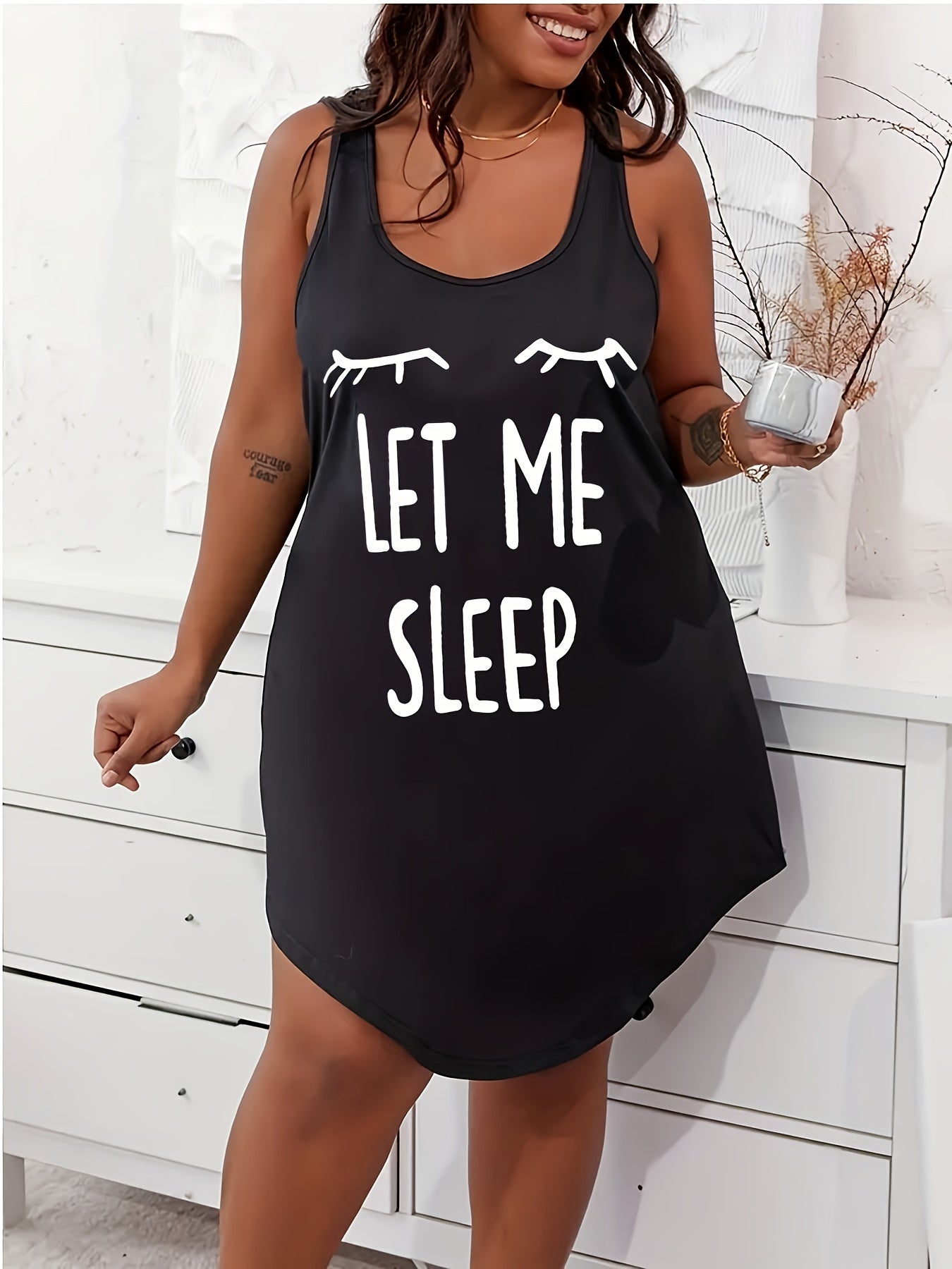 Plus-Size Women's Casual Pajama Set Letter Print Tank Nightgown Summer Sleepwear