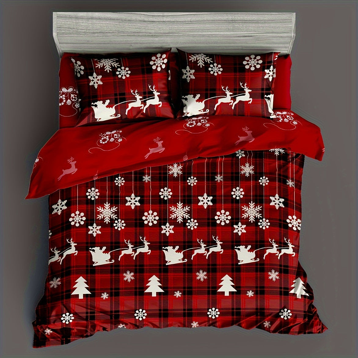 Christmas Duvet Cover Set 3 Pieces Checkered Xmas Tree Elk Snowflake Bedding